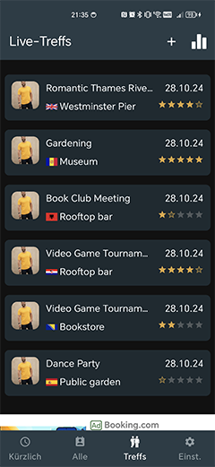 Die Live-Treffs Timeline.